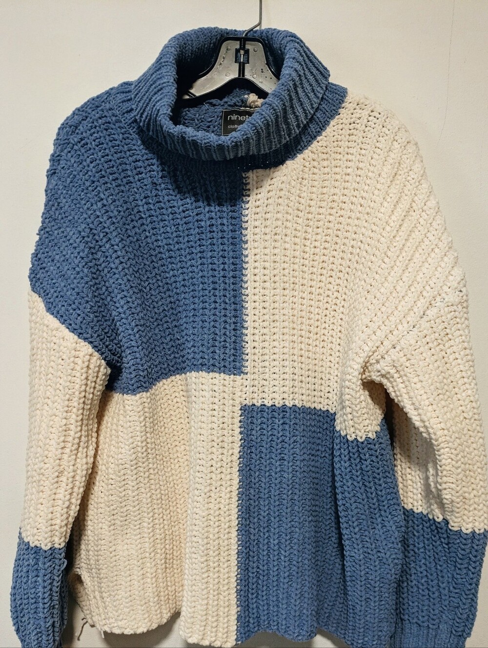 Ninety Blue and Cream Colorblock Turtleneck Sweater